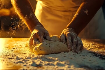 a baker’s hands kneading dough on a floured countertop, with a warm light illuminating the scene