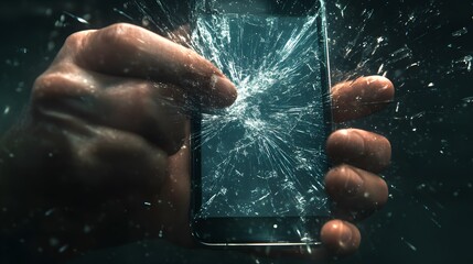 Fototapeta premium Hand Smashing a Phone: A hand smashing a smartphone, with the screen cracking and breaking. 