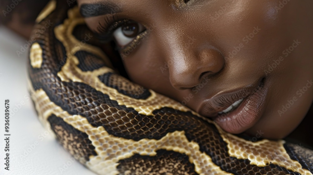 Poster a captivating moment unfolds as an exotic snake delicately rests near a person's face, highlighting 