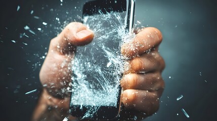 Fototapeta premium Hand Smashing a Phone: A hand smashing a smartphone, with the screen cracking and breaking. 