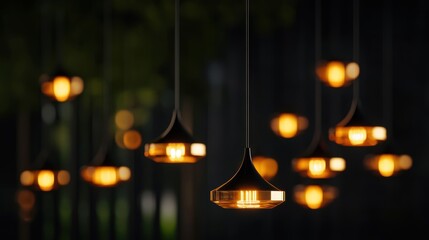 Hanging pendant lights glowing warmly in evening garden ambience