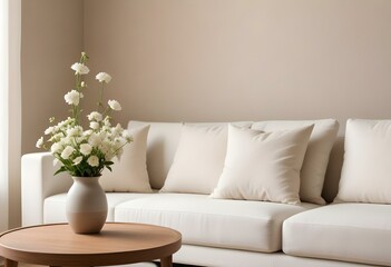 A white sofa with decorative pillows in a minimalist living room setting, with a vase of white flowers on a wooden side table.