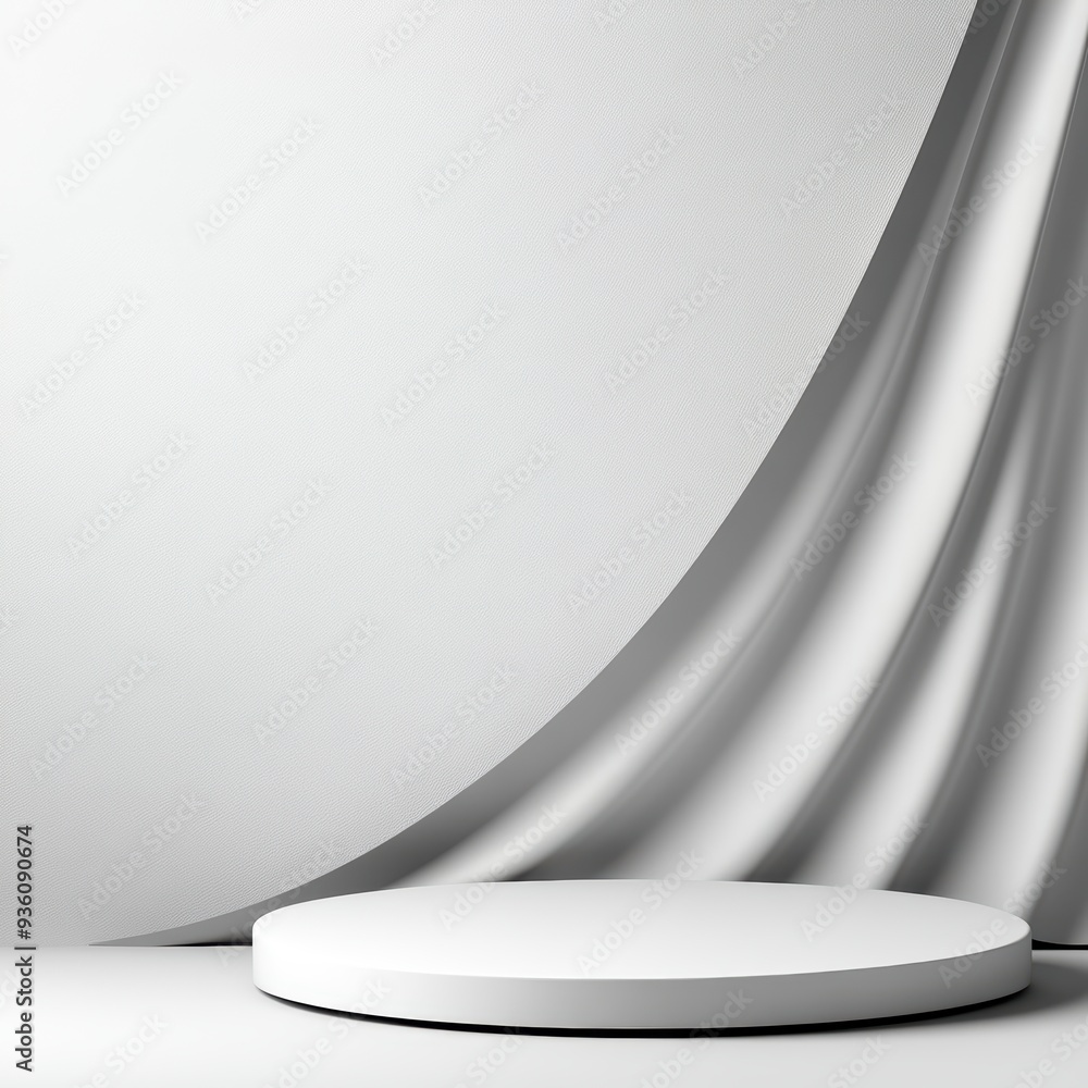 Poster minimalist white platform with elegant draped curtains in studio light setting