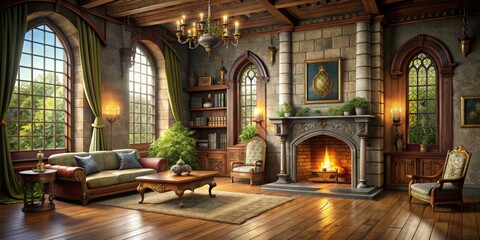 Fototapeta premium Medieval-style fantasy living room with wooden flooring, fireplace, and plush seating