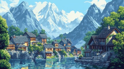 Fototapeta premium A serene pixel art village surrounded by majestic mountains, with vibrant colors and detailed landscapes, creating a picturesque scene.