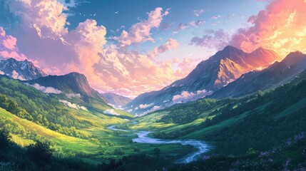 A stunning anime-style panorama featuring majestic mountains and a winding river, with vibrant colors and soft lighting creating a serene landscape.