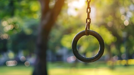 Close up old hanging ring monkey bar on blur kids park in the afternoon background
