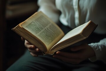 Fototapeta premium a teacher’s hands turning the pages of a book, with soft natural light streaming in