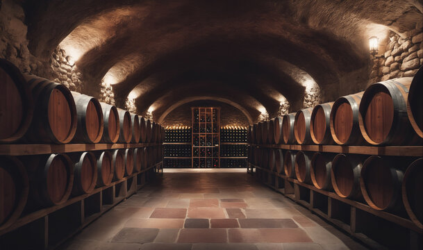 A long row of wine barrels sits in a stone wine cellar