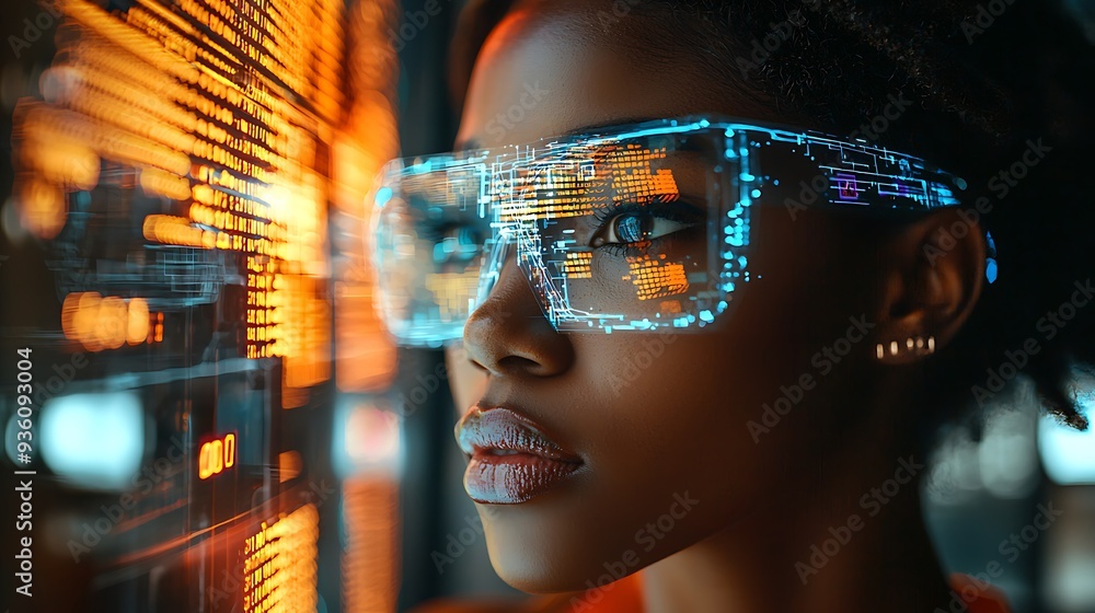 Poster woman with futuristic glasses looking at a digital display, blending advanced technology with a forw