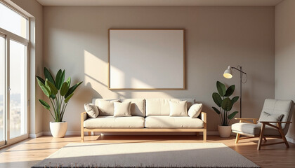 Modern minimalist living room with sunlit comfort against neutral walls with copy space
