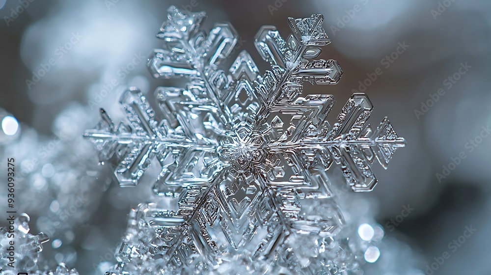 Aufkleber close-up of a sparkling snowflake with a blurred background, highlighting the intricate details and 