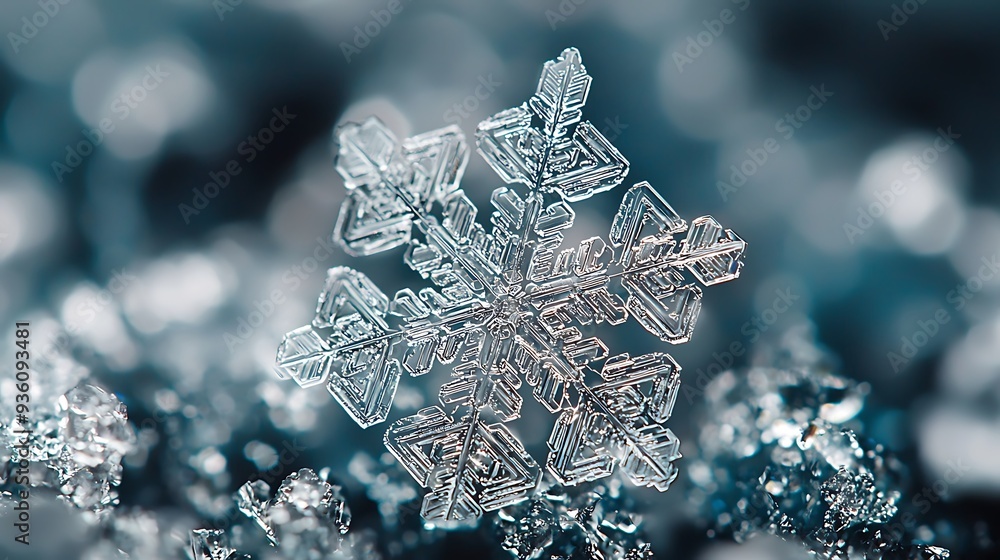 Poster Macro photography of a snowflake crystal on a blue background, showcasing the unique and fragile structure of ice in a striking close-up.