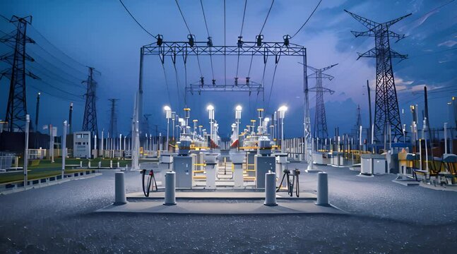 High-Voltage Power Substation at Night, Illuminated by Bright Lights