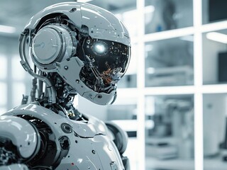 Fototapeta premium Close-up portrait of a futuristic white humanoid robot with a glowing eye and headset, standing in a sterile laboratory setting.