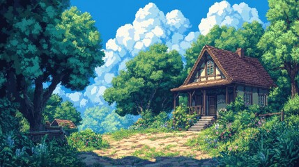 Fototapeta premium An 8-bit pixel art house nestled in a lush, vibrant forest, ideal for an anime-style isekai background with bright daytime colors.