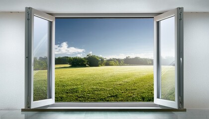 Fototapeta premium Glass window frame house interior on white wall 