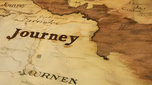 Camera panning over beautiful, detailed antique map. Focus on the word journey, suggesting adventure, discovery and travel