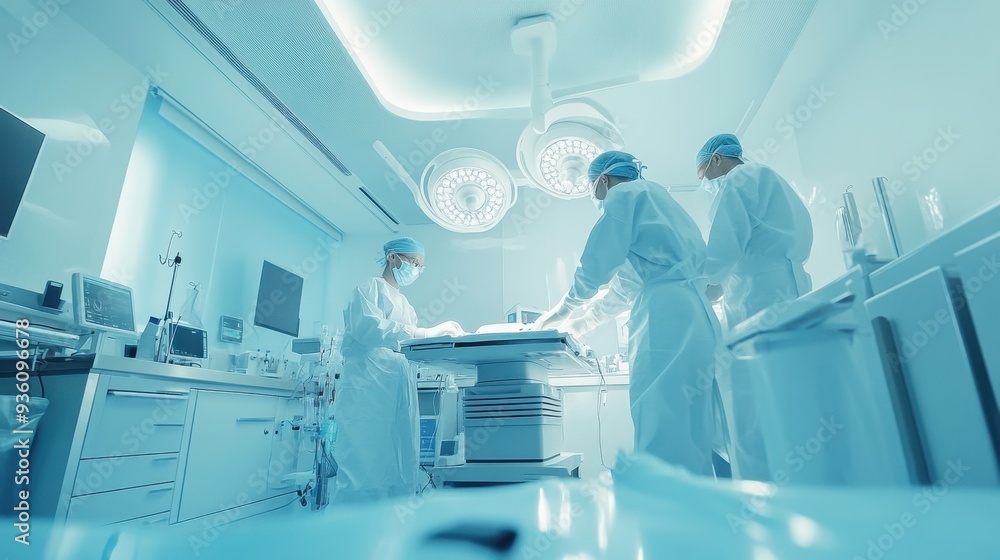 Poster wide-angle view of a surgical team using robotic technology in a modern operating room with advanced