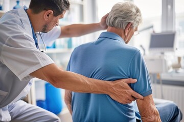 Physical therapist fixing senior man's back, shoulder in medical clinic room