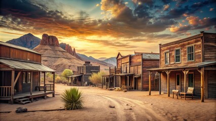 Vintage old wild west cowboy town with saloon in the desert setting