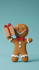 A cheerful gingerbread man with a broad smile stands holding a gift box wrapped with a red bow. The teal background enhances the festive and joyful spirit of the holiday season.