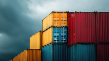 Fototapeta premium photo of multi-colored cargo containers in a seaport, transportation, trade, goods, shipping, delivering, merchandise, warehouse, harbor