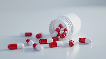 A tipped-over medicine bottle with red and white pills scattered on a pristine white surface, emphasizing the contrast and simplicity of the scene.