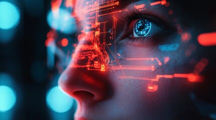 Cybernetic Gaze: A close-up of a woman's face overlaid with intricate digital circuitry, her blue eye shining with the glow of futuristic technology. 