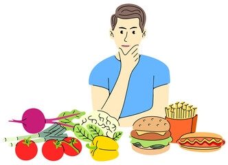 Man chooses between vegetables and fast food. Food, meal, fast food and vegetables, illustration