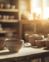 A small pottery studio with handmade ceramics on display, the scene bathed in warm light with a soft blur on the background to highlight the craft
