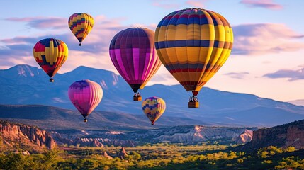 Obraz premium Colorful hot air balloons fill the sky, floating above a scenic mountain backdrop with a slightly blurred effect.