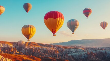 Obraz premium Colorful hot air balloons fill the sky, floating above a scenic mountain backdrop with a slightly blurred effect.