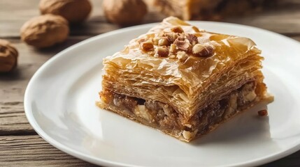 Crispy, golden baklava on a white plate, with sunlight enhancing the rich layers and nutty topping.