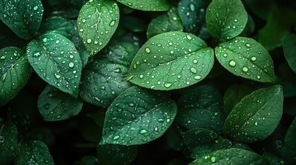 Fototapeta premium Detailed close-up of green leaves with water droplets, emphasizing the purity and freshness of the natural world.