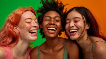 The trio of women exudes joy and confidence, their radiant smiles illuminating the colorful background. Their expressions reflect a moment of genuine happiness and connection