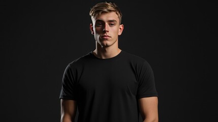 Naklejka premium Black T-shirt mockup on a young man, perfectly fitted and ready for showcasing custom designs or logos with clear copy space.