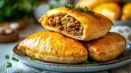 Golden pirozhki on a plate, fresh out of the oven, stuffed with a savory filling of minced meat, potatoes, and onions.