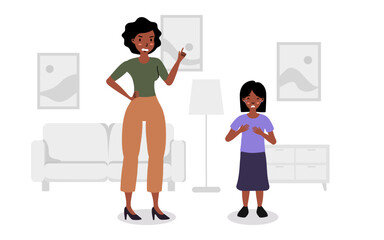 A mother scolding her daughter in a cozy living room during the evening