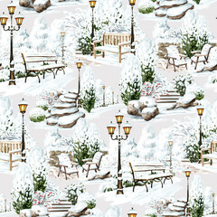 Winter garden, public park seamless pattern. Hand drawn watercolor illustration, isolated on white background
