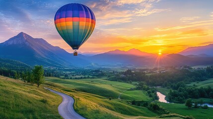 Brightly colored hot air balloon flying over a serene green valley with a winding road and majestic mountains at sunrise.