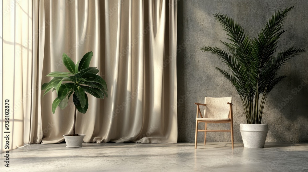 Poster plain studio wall complemented by beige curtains, creating a soft, muted background perfect for mini