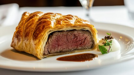 Perfectly cooked Beef Wellington served on a pristine white plate, the crispy puff pastry crust golden and inviting.