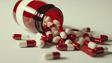 Red and white pills spill from a medicine bottle onto a clean white background, creating a stark and visually striking composition.
