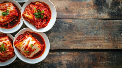 Rustic wooden table with white ceramic plates, each holding a serving of vibrant red kimchi, creating a striking visual.