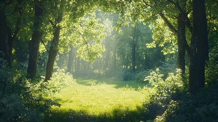 Fototapeta premium Tranquil Sunlit Forest Clearing with Verdant Foliage and Dappled Lighting