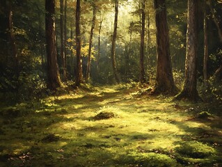 Obraz premium Tranquil Forest Glade Bathed in Warm Golden Sunlight with Soft Dappled Shadows