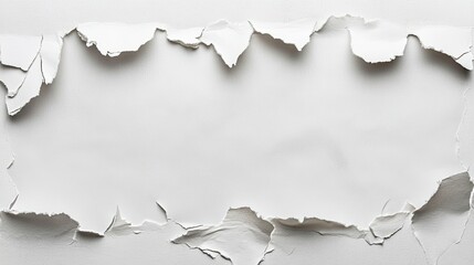 Torn white paper with rough edges, creating an ideal space for placing text or visuals against a clean background.