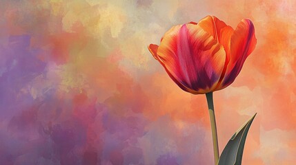 Obraz premium Vibrant tulip bathed in soft sunset hues, bold colors merging into delicate petals against an artistic background.