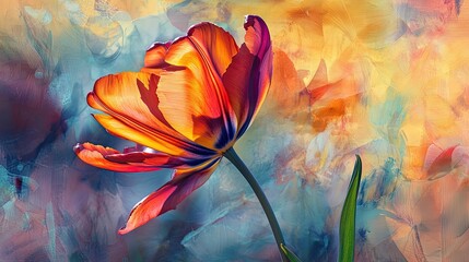 Vibrant tulip bathed in soft sunset hues, bold colors merging into delicate petals against an artistic background.